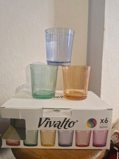 Tasse en verre rayé 360ml 6  assorti couleur le lot